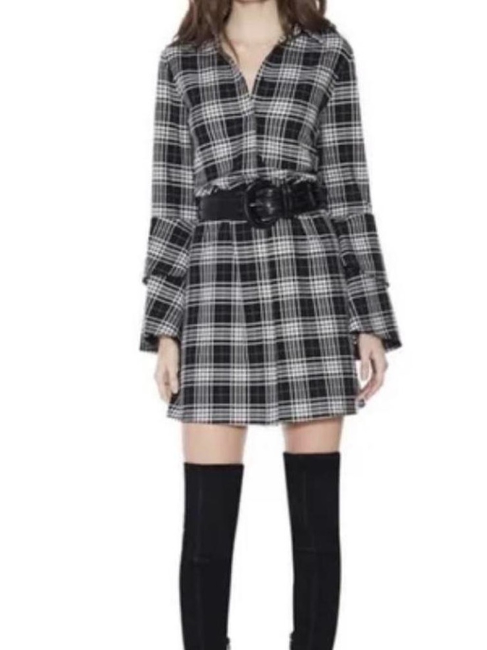 Alice + Olivia Jem Plaid Ruffle Bell Sleeve Shirt Dress Black White Size M - Picture 13 of 13